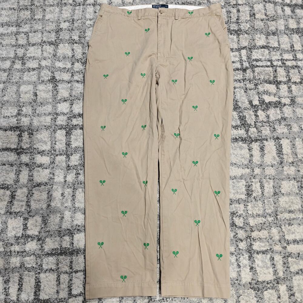 Vintage Polo Ralph Lauren Tennis Racket Embroidered Chinos Pants Khaki Tan 40x30